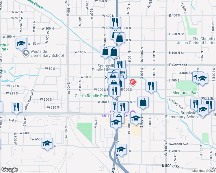 map of restaurants, bars, coffee shops, grocery stores, and more near 76 West 200 South Street in Springville