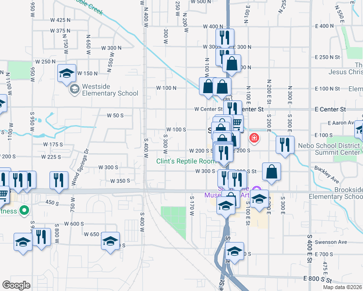 map of restaurants, bars, coffee shops, grocery stores, and more near 190 South 200 West Street in Springville