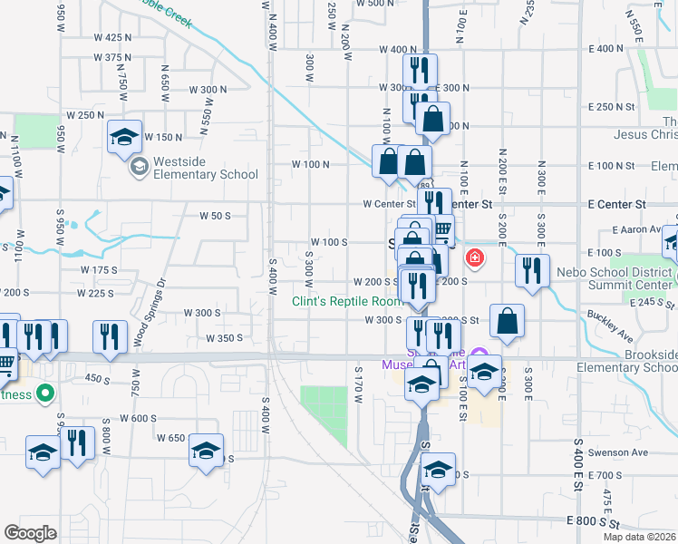 map of restaurants, bars, coffee shops, grocery stores, and more near 190 South 200 West Street in Springville