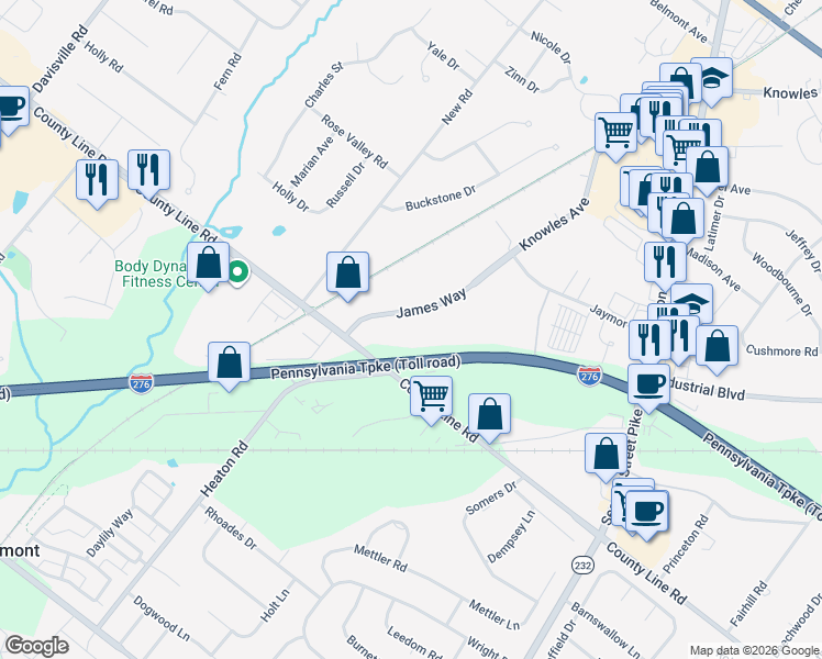 map of restaurants, bars, coffee shops, grocery stores, and more near Pennsylvania Turnpike in Southampton