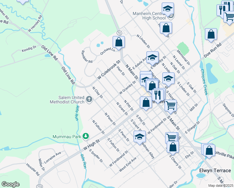 map of restaurants, bars, coffee shops, grocery stores, and more near 63 North Grant Street in Manheim