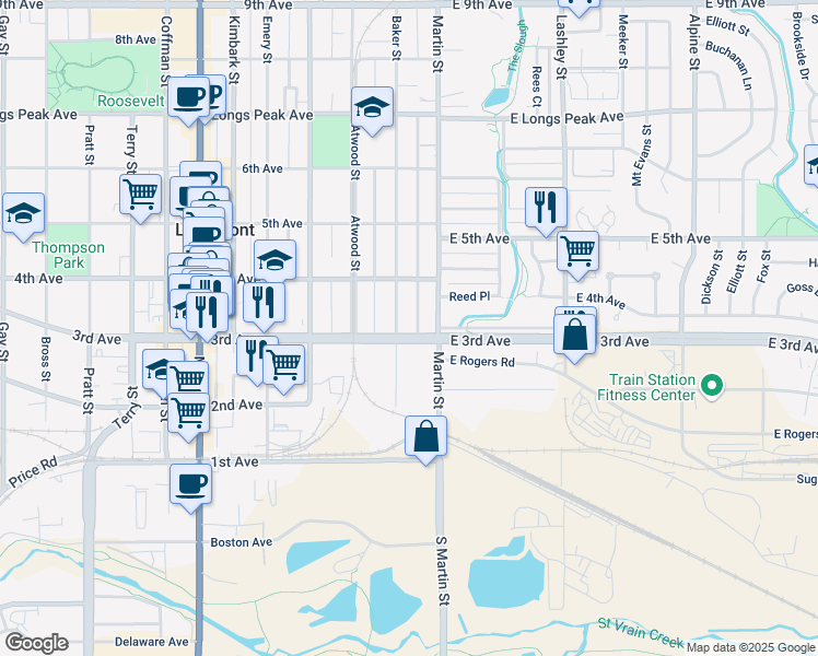 map of restaurants, bars, coffee shops, grocery stores, and more near 304 Baker Street in Longmont