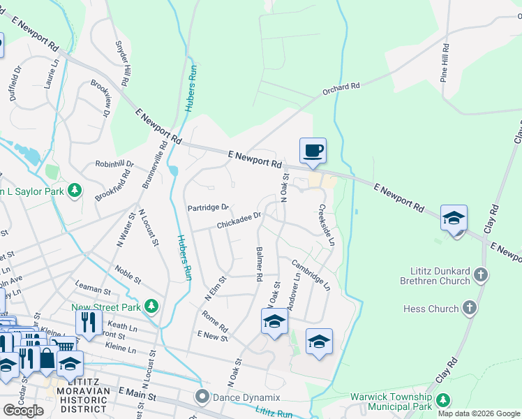 map of restaurants, bars, coffee shops, grocery stores, and more near 460 Balmer Road in Lititz