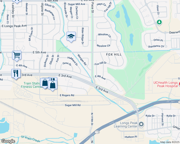 map of restaurants, bars, coffee shops, grocery stores, and more near 405 Pace Street in Longmont