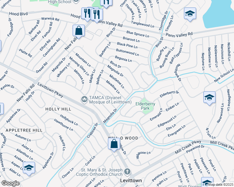 map of restaurants, bars, coffee shops, grocery stores, and more near 15 Meadow Lane in Levittown