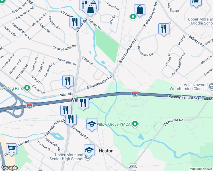 map of restaurants, bars, coffee shops, grocery stores, and more near 529 South Warminster Road in Hatboro