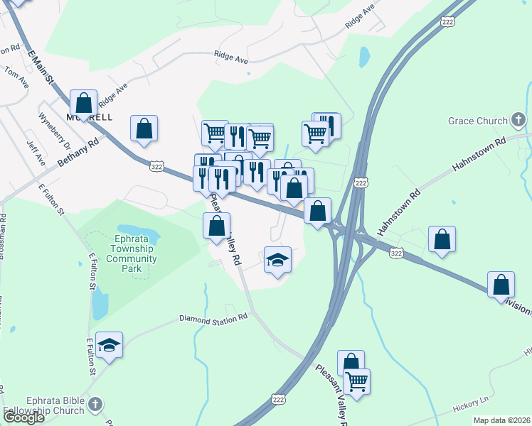 map of restaurants, bars, coffee shops, grocery stores, and more near 871 East Main Street in Ephrata