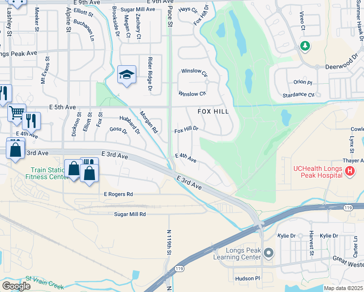 map of restaurants, bars, coffee shops, grocery stores, and more near 401 Westview Court in Longmont