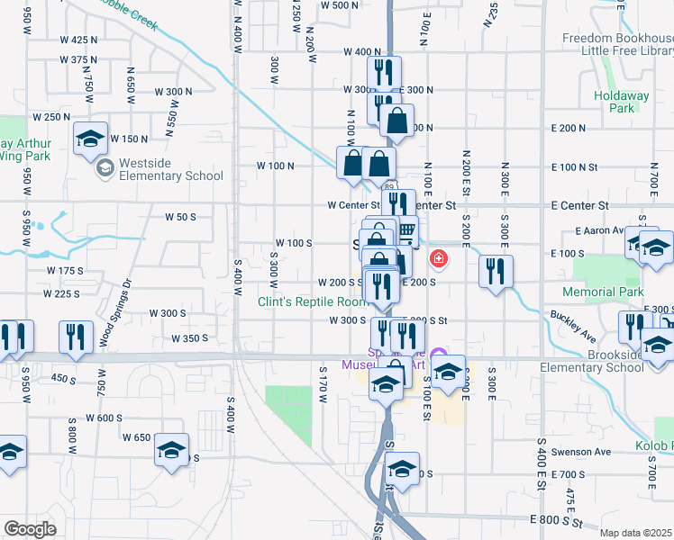 map of restaurants, bars, coffee shops, grocery stores, and more near 164 West 200 South Street in Springville