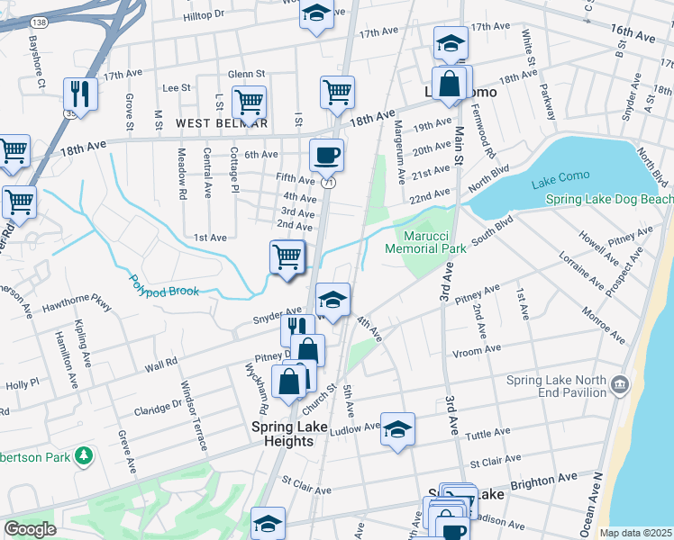 map of restaurants, bars, coffee shops, grocery stores, and more near 2412 New Jersey 71 in Spring Lake