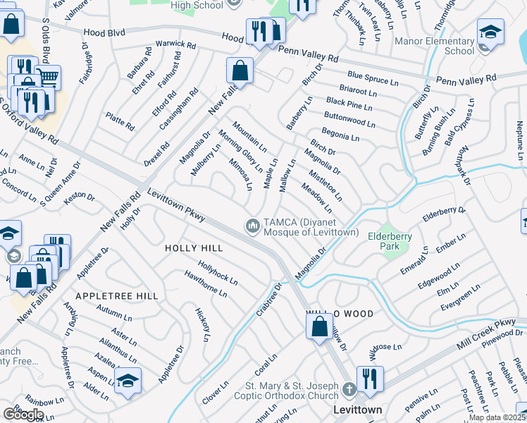 map of restaurants, bars, coffee shops, grocery stores, and more near 10 Maple Lane in Levittown