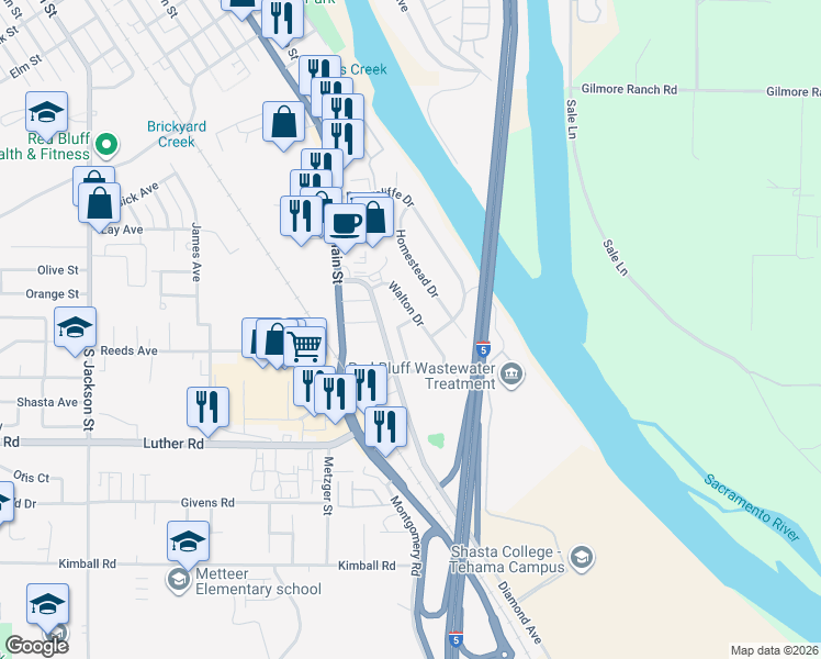map of restaurants, bars, coffee shops, grocery stores, and more near 520 Wernmark Drive in Red Bluff