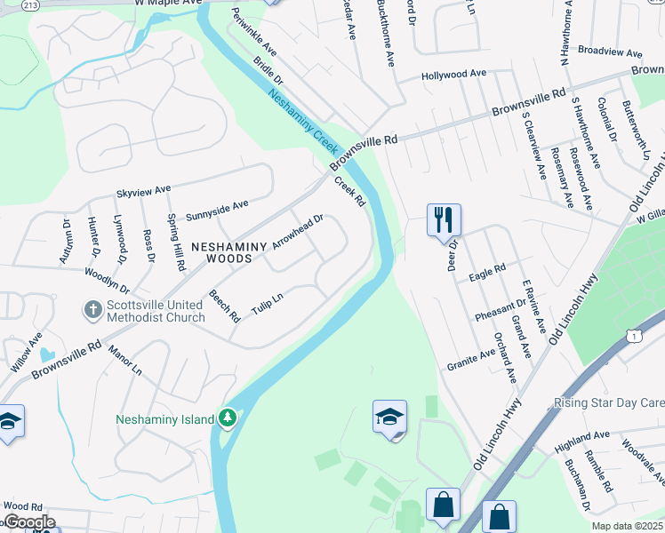 map of restaurants, bars, coffee shops, grocery stores, and more near 2760 Arrowhead Drive in Langhorne
