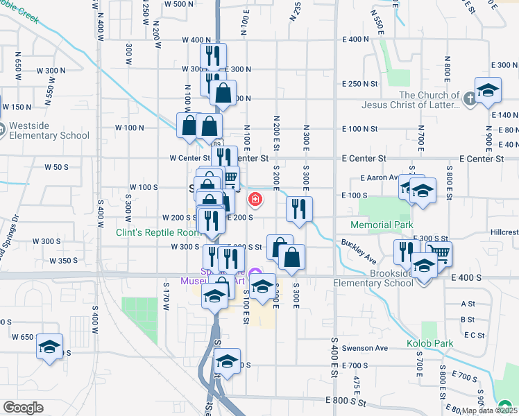 map of restaurants, bars, coffee shops, grocery stores, and more near 191 East 200 South in Springville