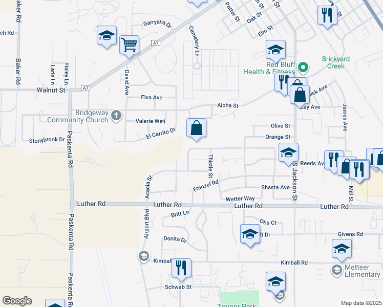 map of restaurants, bars, coffee shops, grocery stores, and more near 1455 Orange Street in Red Bluff