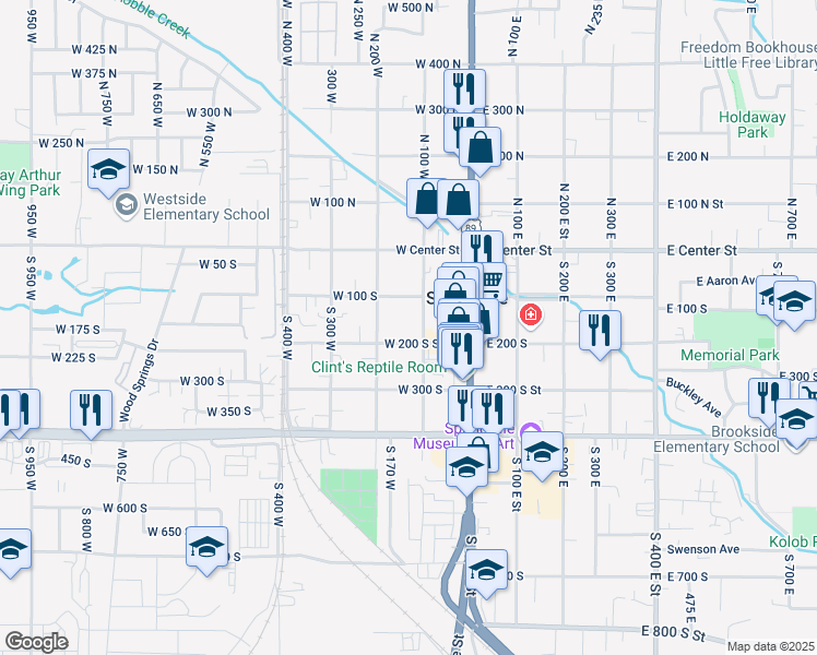 map of restaurants, bars, coffee shops, grocery stores, and more near 164 West 200 South Street in Springville