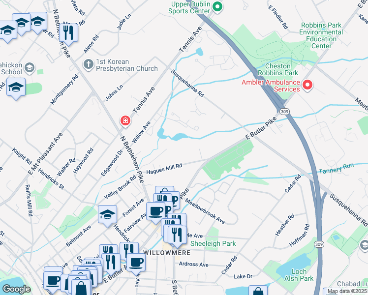 map of restaurants, bars, coffee shops, grocery stores, and more near 1155 Hagues Mill Road in Ambler