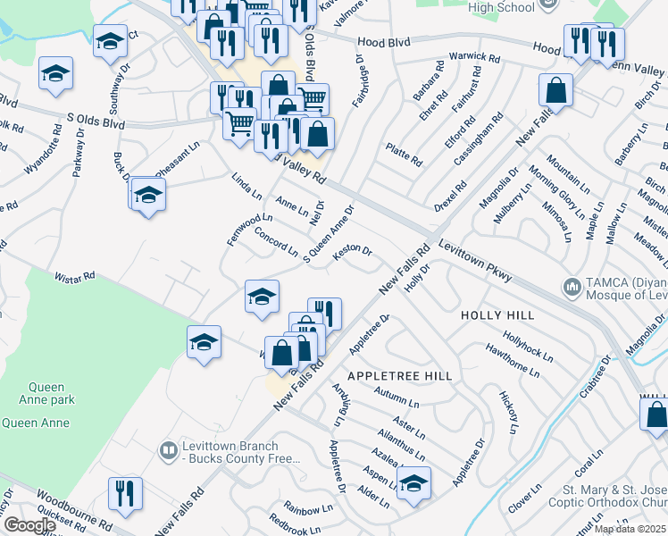 map of restaurants, bars, coffee shops, grocery stores, and more near 610 Keston Court in Fairless Hills