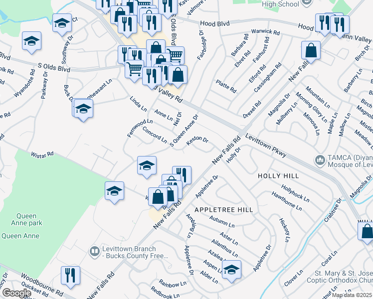 map of restaurants, bars, coffee shops, grocery stores, and more near 610 Keston Court in Fairless Hills