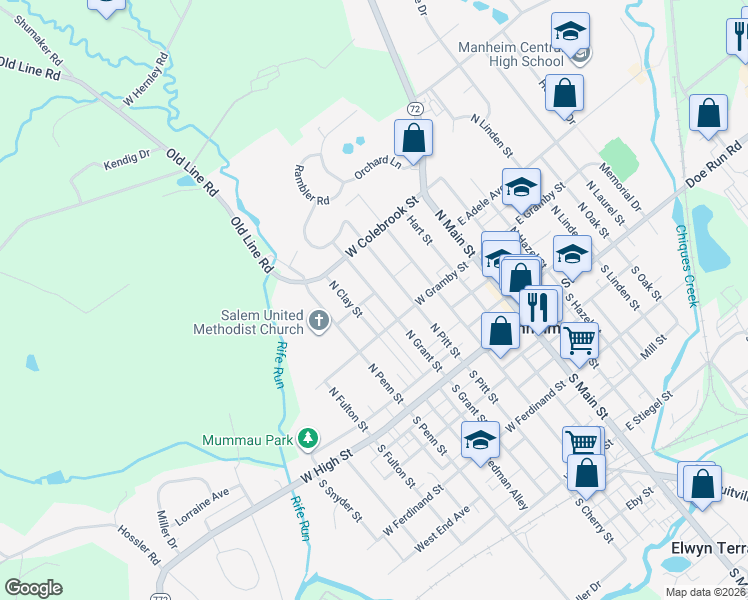 map of restaurants, bars, coffee shops, grocery stores, and more near 114 North Grant Street in Manheim