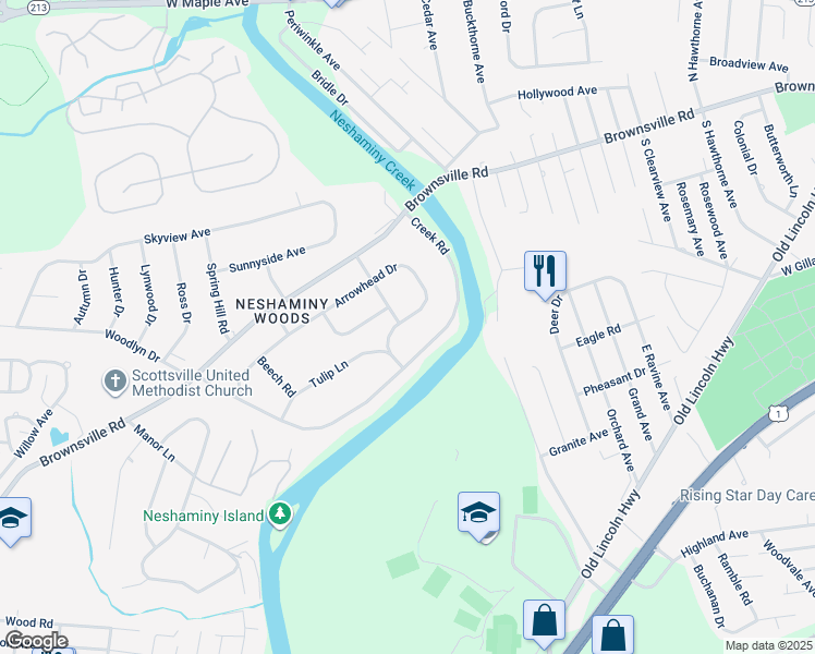 map of restaurants, bars, coffee shops, grocery stores, and more near 2760 Arrowhead Drive in Langhorne