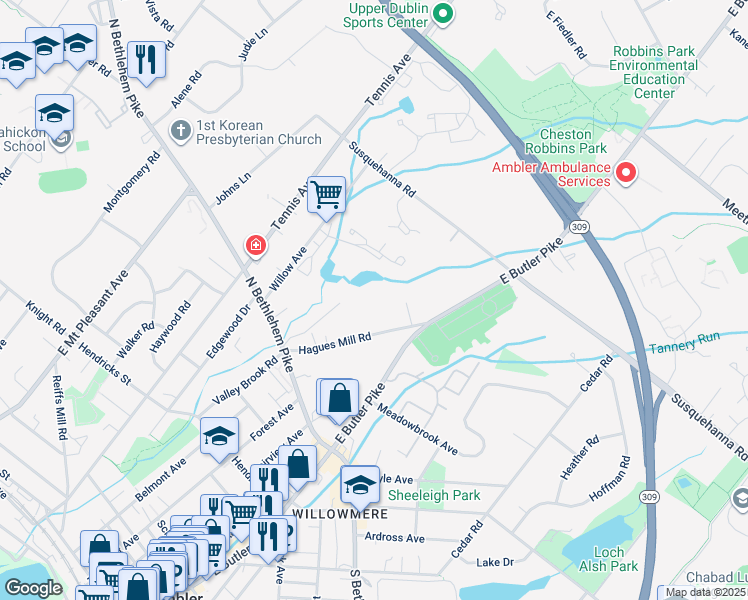 map of restaurants, bars, coffee shops, grocery stores, and more near 1155 Hagues Mill Road in Ambler