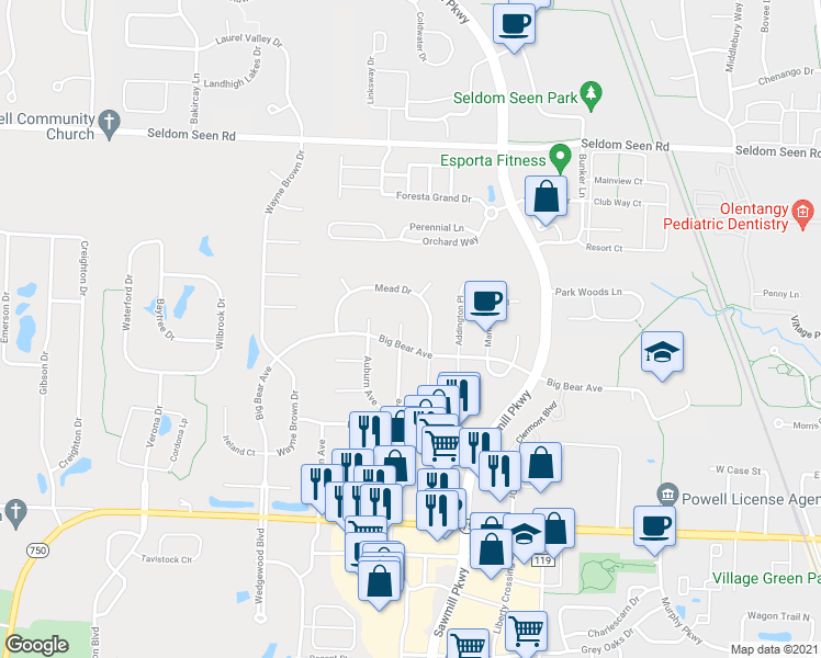 map of restaurants, bars, coffee shops, grocery stores, and more near 9293 Hampshire Court in Powell
