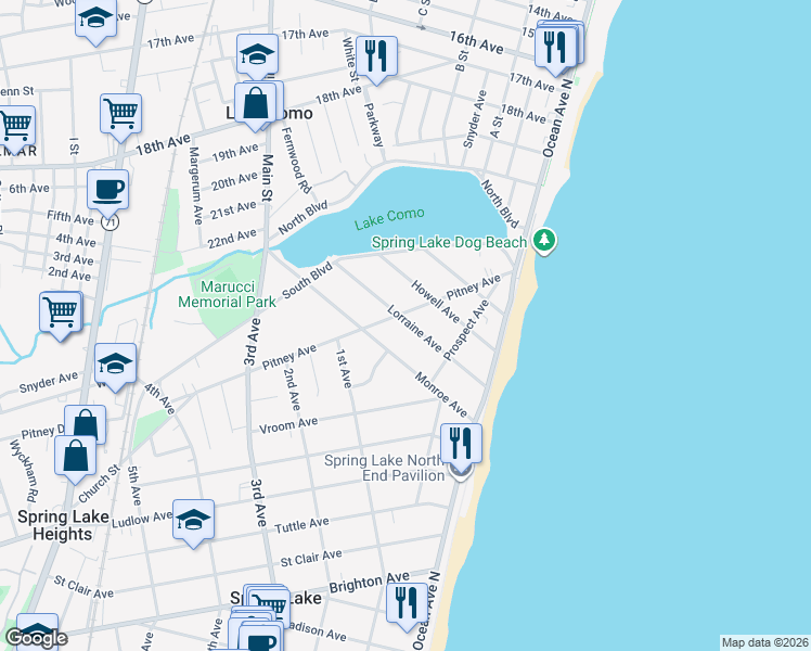 map of restaurants, bars, coffee shops, grocery stores, and more near 121 Lorraine Avenue in Spring Lake