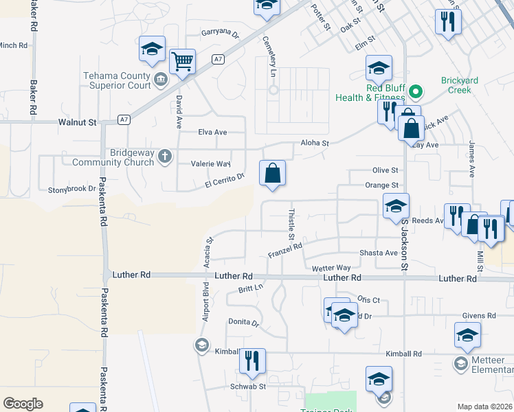 map of restaurants, bars, coffee shops, grocery stores, and more near 1460 Orange Street in Red Bluff