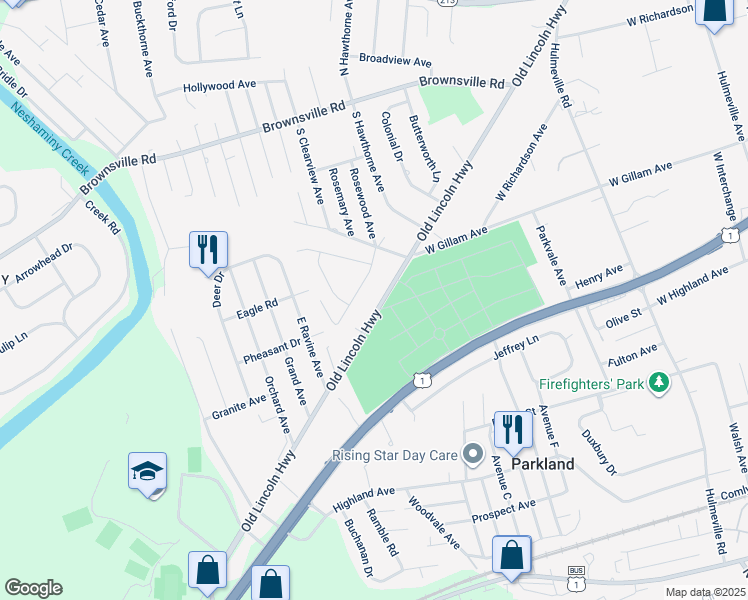 map of restaurants, bars, coffee shops, grocery stores, and more near 1319 Old Lincoln Highway in Langhorne