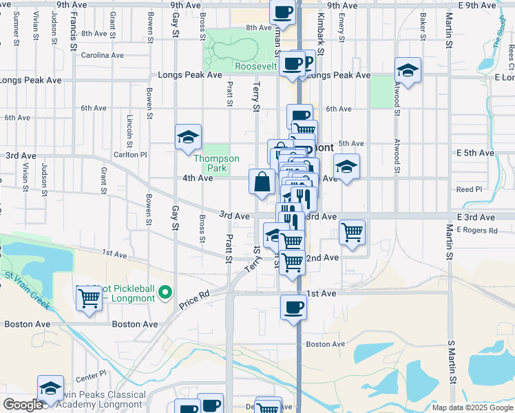 map of restaurants, bars, coffee shops, grocery stores, and more near 312 Terry Street in Longmont
