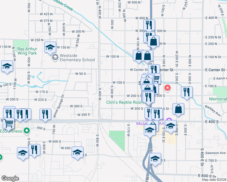 map of restaurants, bars, coffee shops, grocery stores, and more near 187 South 300 West in Springville