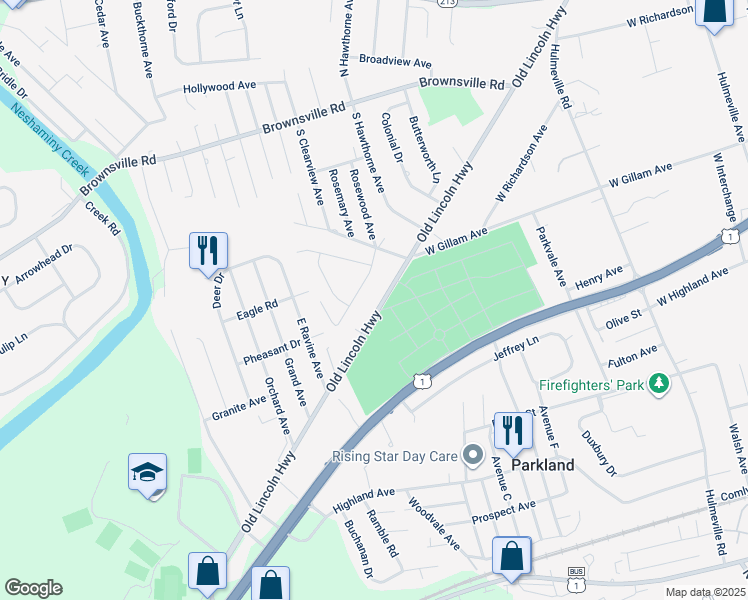 map of restaurants, bars, coffee shops, grocery stores, and more near 1319 Old Lincoln Highway in Langhorne