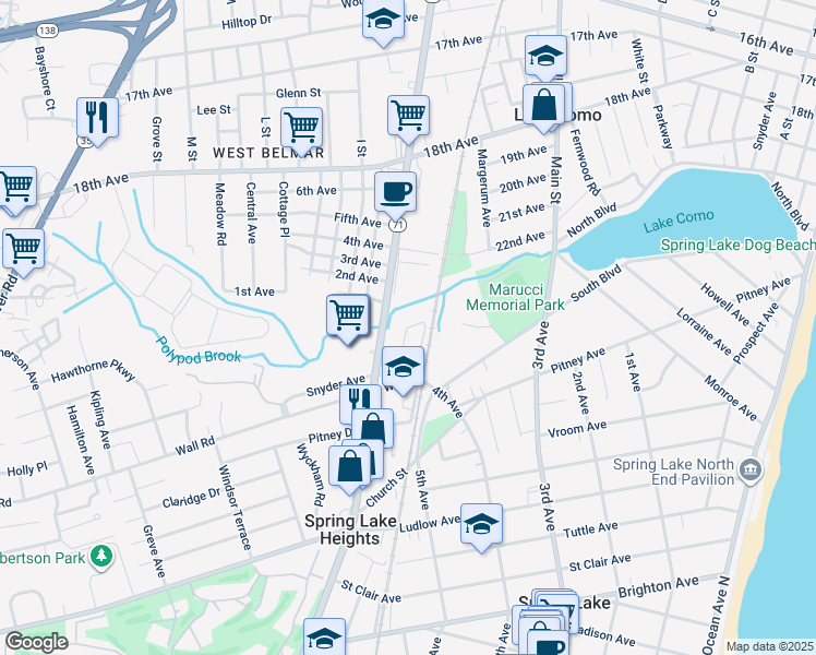 map of restaurants, bars, coffee shops, grocery stores, and more near 2412 New Jersey 71 in Spring Lake