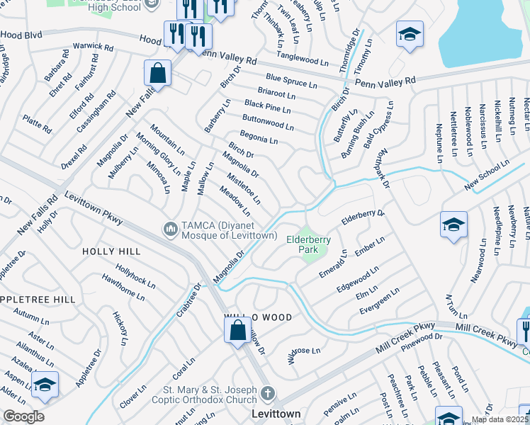 map of restaurants, bars, coffee shops, grocery stores, and more near 11 Mistletoe Lane in Levittown