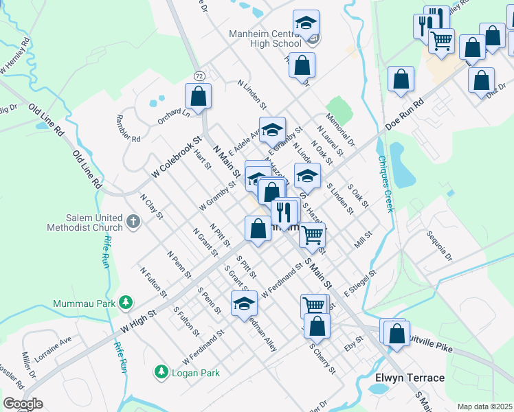 map of restaurants, bars, coffee shops, grocery stores, and more near 24 Market Square in Manheim