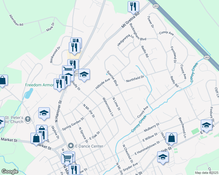 map of restaurants, bars, coffee shops, grocery stores, and more near 655 North Lime Street in Elizabethtown