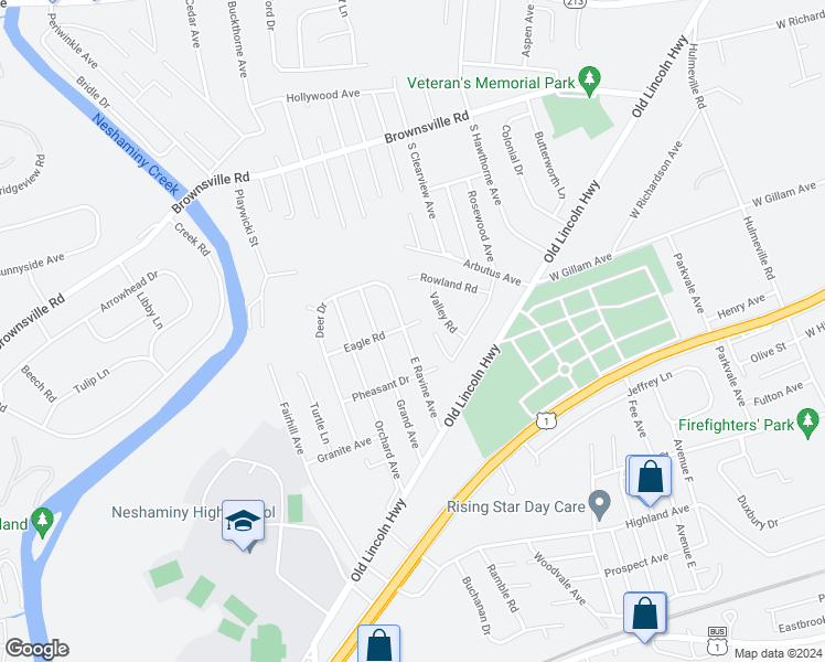 map of restaurants, bars, coffee shops, grocery stores, and more near 405 Ravine Street in Langhorne
