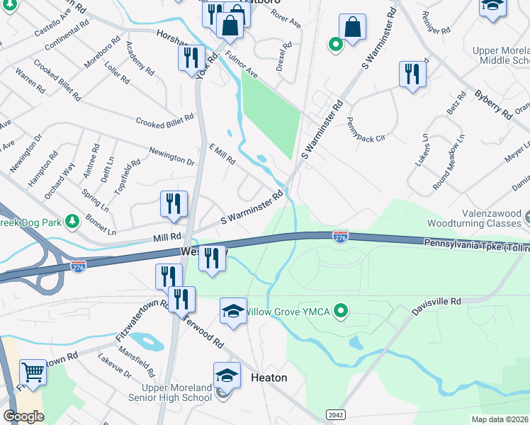 map of restaurants, bars, coffee shops, grocery stores, and more near 529 South Warminster Road in Hatboro