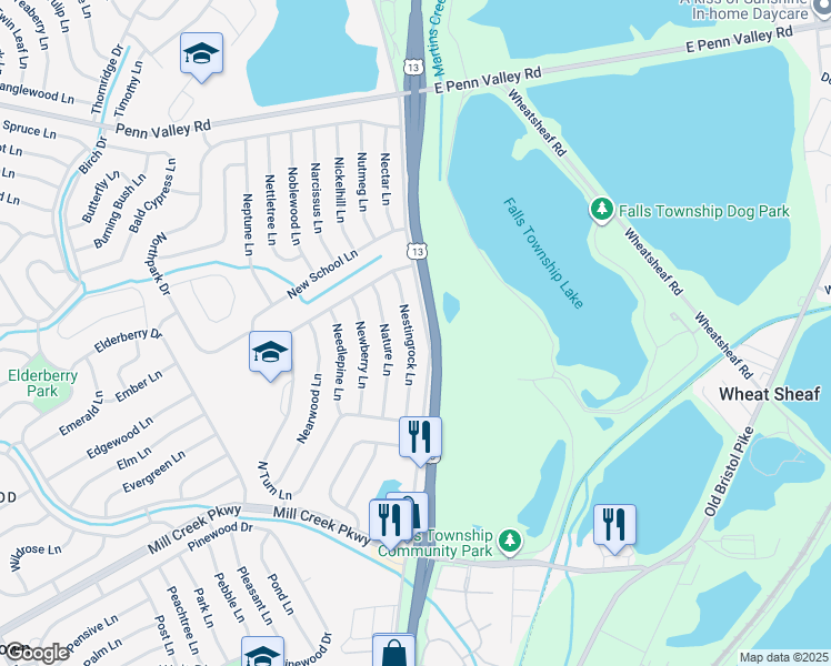 map of restaurants, bars, coffee shops, grocery stores, and more near 46 Nestingrock Lane in Levittown