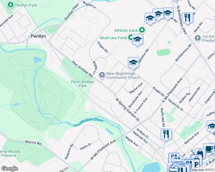 map of restaurants, bars, coffee shops, grocery stores, and more near 629 Pen-Ambler Road in Ambler