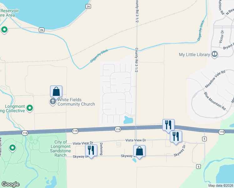map of restaurants, bars, coffee shops, grocery stores, and more near 3272 North Rim in Longmont