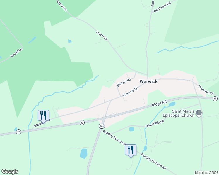 map of restaurants, bars, coffee shops, grocery stores, and more near 13 Mauger Road in Elverson