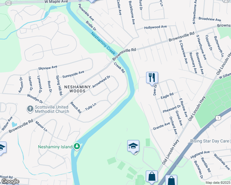 map of restaurants, bars, coffee shops, grocery stores, and more near 2756 Arrowhead Drive in Langhorne