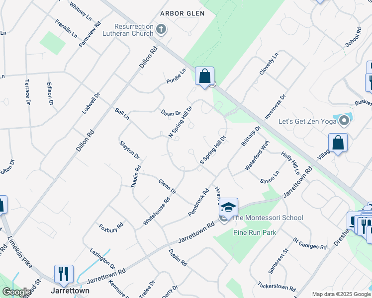 map of restaurants, bars, coffee shops, grocery stores, and more near 1528 Isaacs Court in Maple Glen