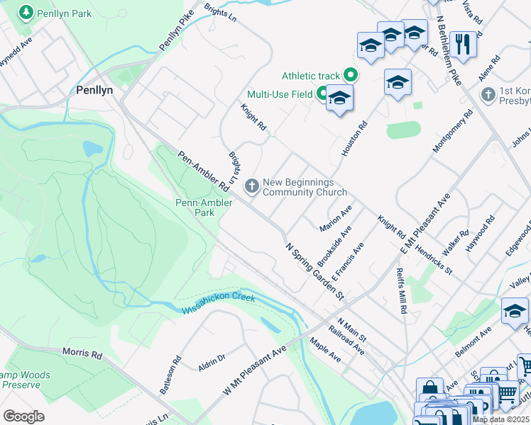 map of restaurants, bars, coffee shops, grocery stores, and more near 629 Pen-Ambler Road in Ambler