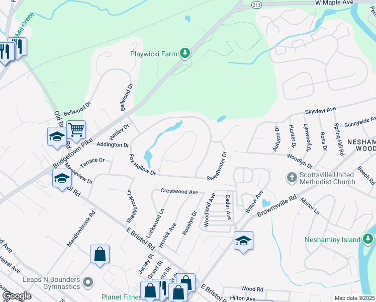 map of restaurants, bars, coffee shops, grocery stores, and more near 539 Newport Circle in Langhorne