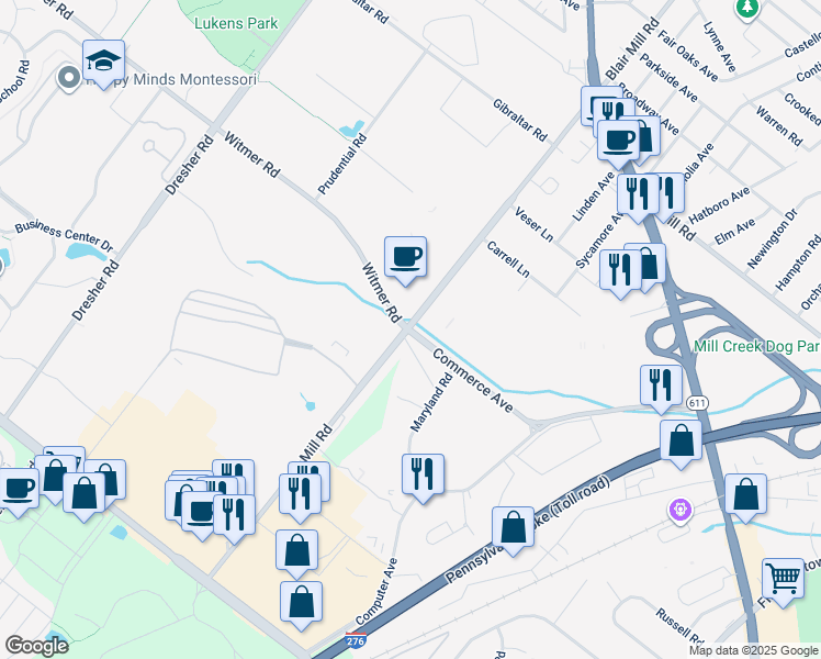 map of restaurants, bars, coffee shops, grocery stores, and more near 4015 Commerce Avenue in Willow Grove