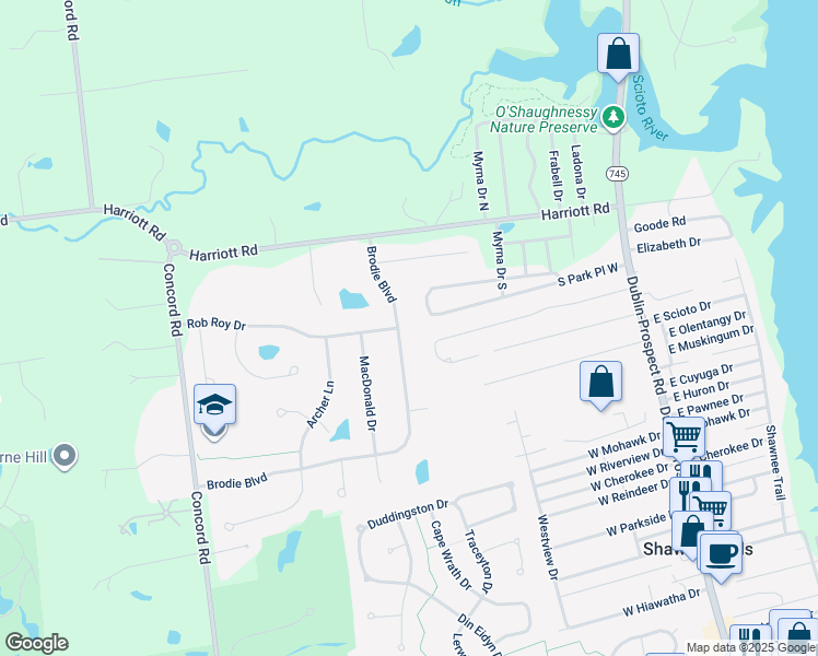 map of restaurants, bars, coffee shops, grocery stores, and more near 100 Buckeye Drive in Powell