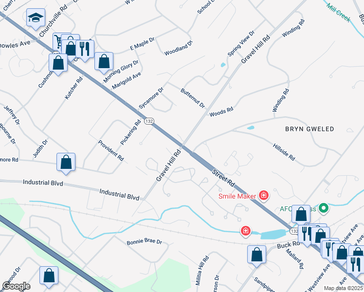map of restaurants, bars, coffee shops, grocery stores, and more near Street Road & Gravel Hill Road in Southampton